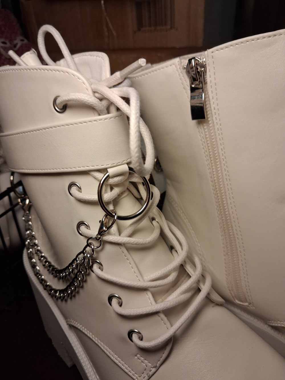 Chunky Platform Lace-Up Ankle Boots with Chain Accent - Bright White Size 9 - Picture 2 of 6